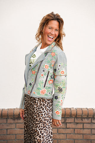 Lucinda Embroidered Denim Motorcycle Jacket