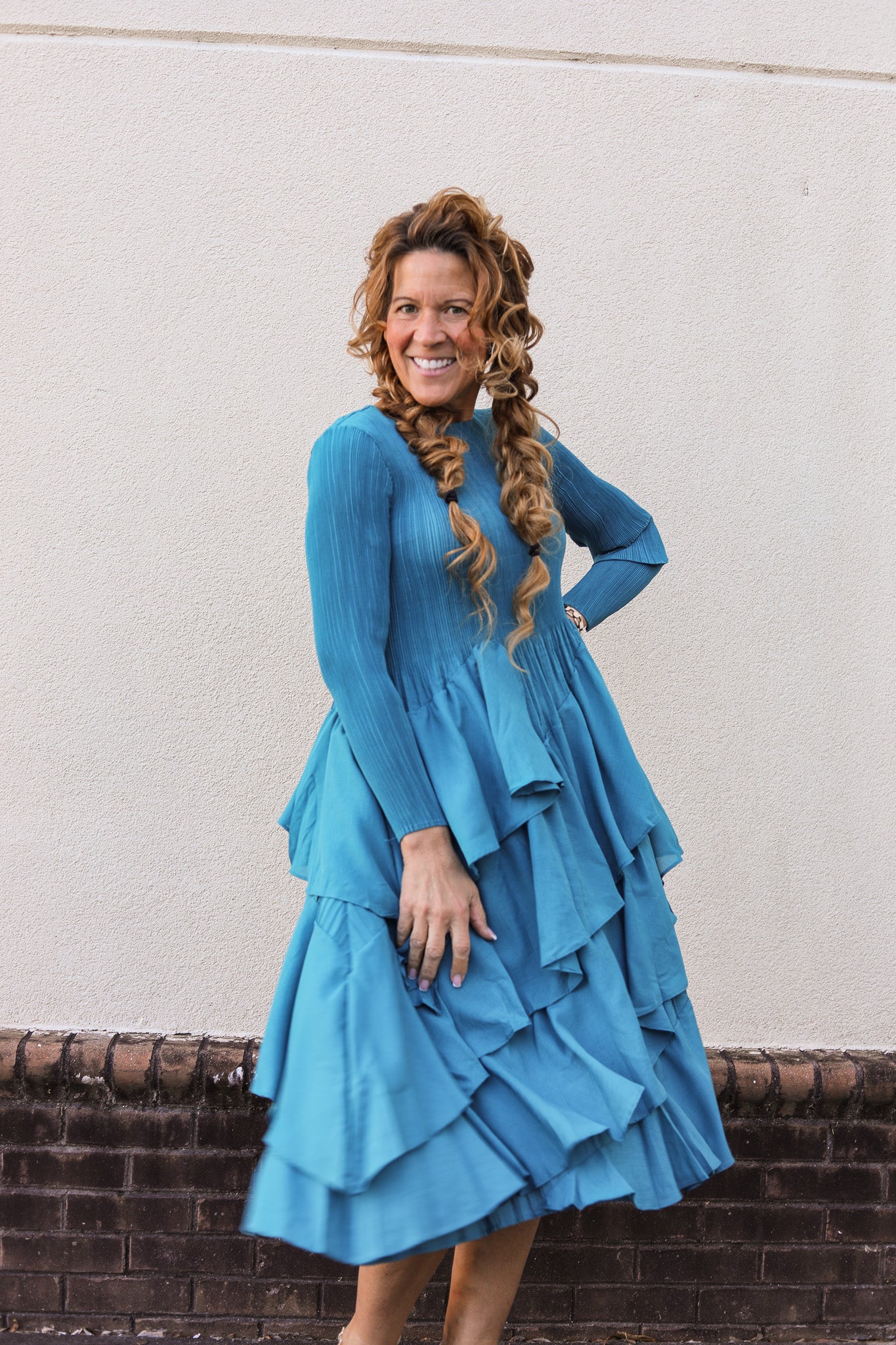 pleated ruffle dress One Shoulder Pleated Gown with Floral Ruffle Detail 47202