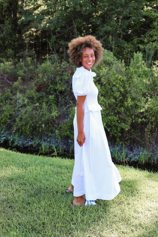 White Ruched Cotton Dress