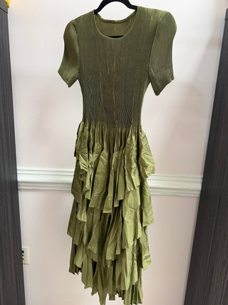 Silky Pleated Ruffle SS Dress