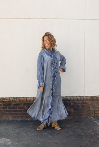 Ruffle Denim Maxi Dress