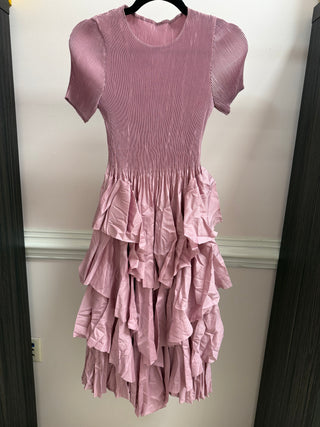 Silky Pleated Ruffle SS Dress