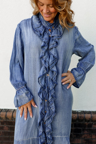 Ruffle Denim Maxi Dress