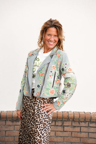 Lucinda Embroidered Denim Motorcycle Jacket