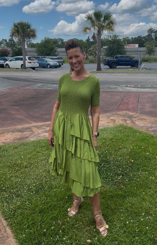 Silky Pleated Ruffle SS Dress