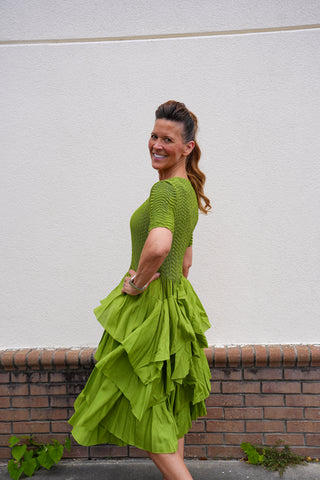 Silky Pleated Ruffle SS Dress