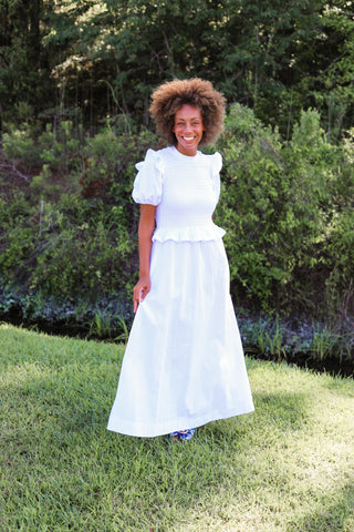White Ruched Cotton Dress
