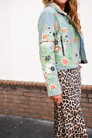 Lucinda Embroidered Denim Motorcycle Jacket