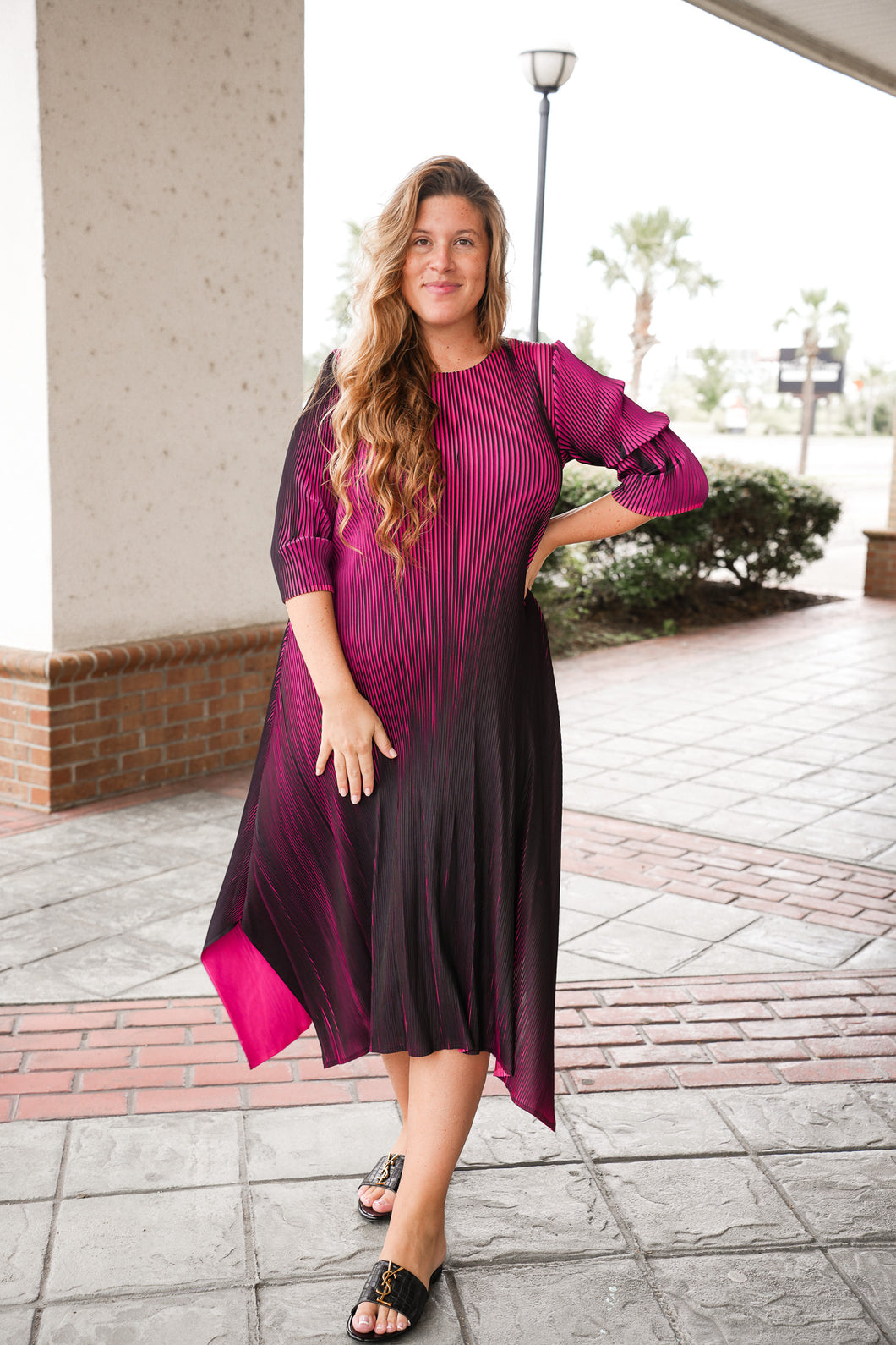 Silky Pleated Wine Dress