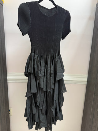 Silky Pleated Ruffle SS Dress