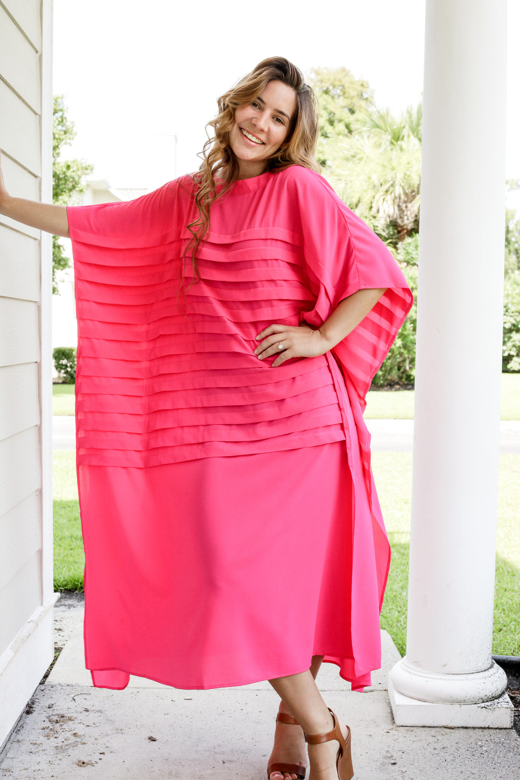 Hot Pink Pleated Caftan Dress