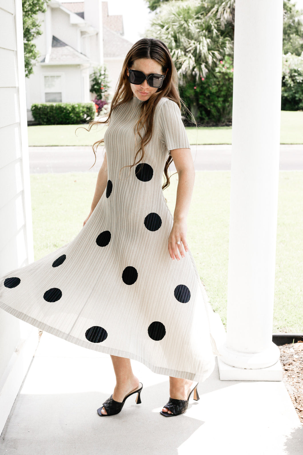 Silky Pleated Polka Dot Dress