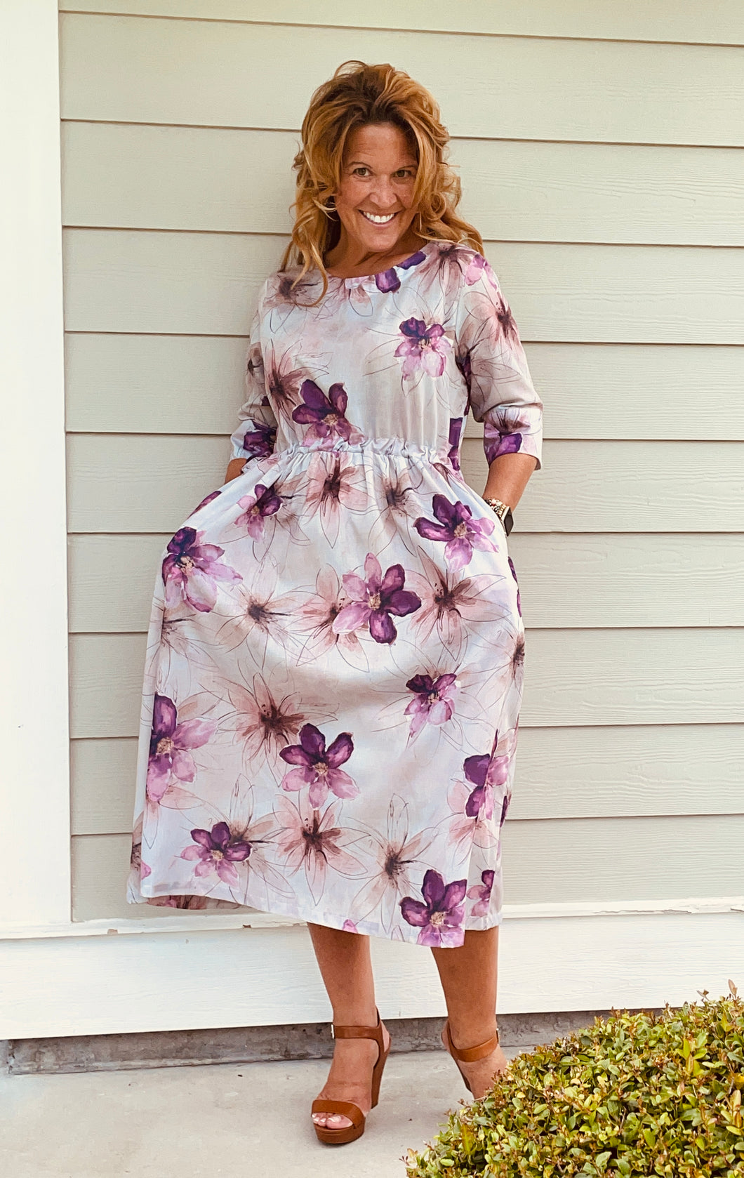 Lavender Floral Drawstring Waist Cotton Dress