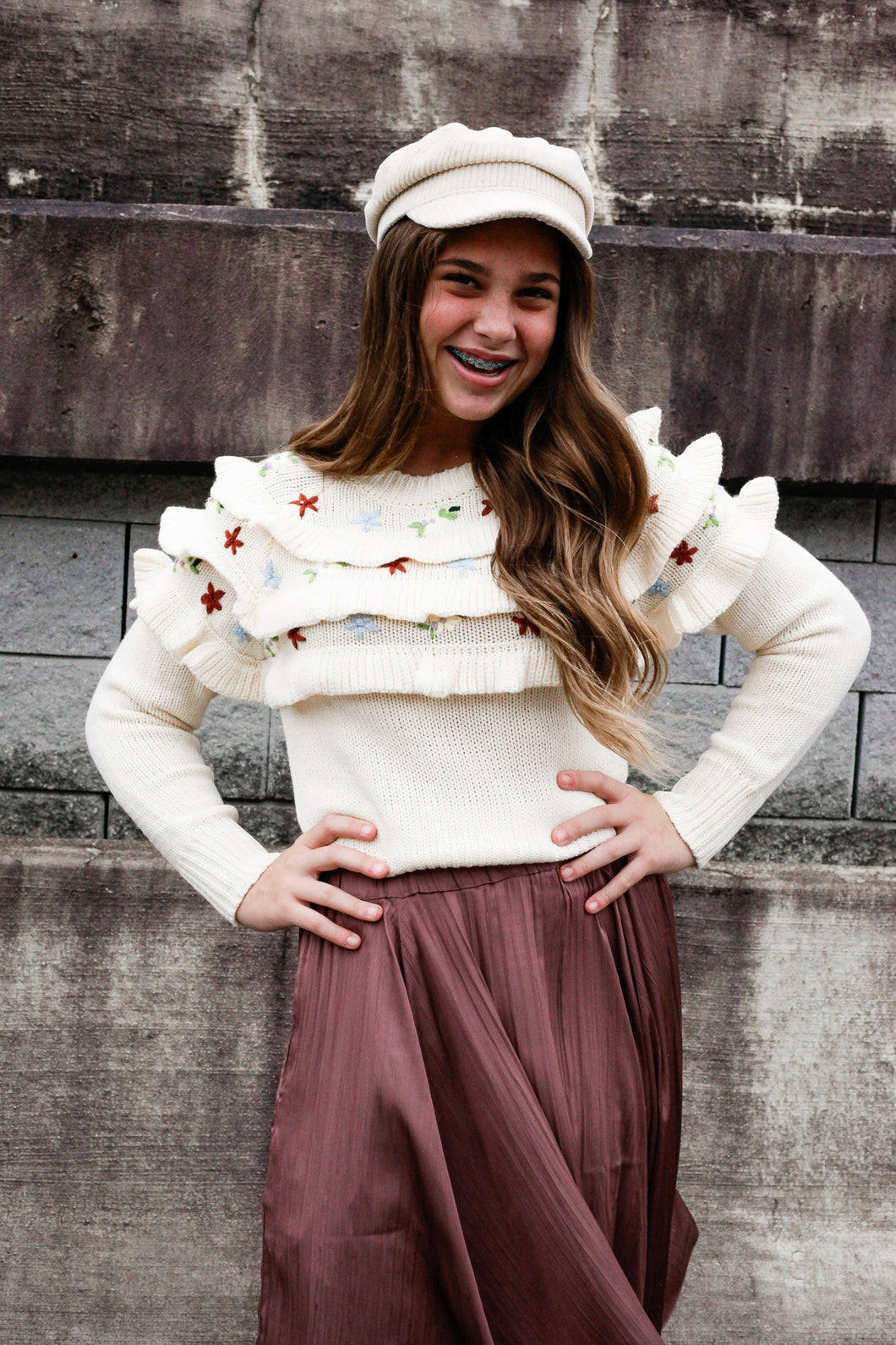 Falyn Embroidered Ruffle Knit Sweater